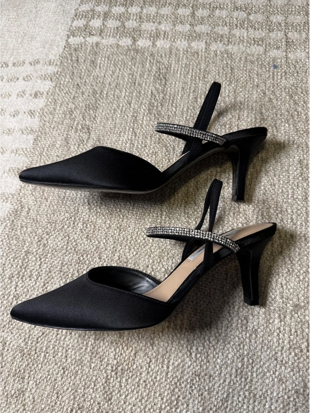 Nina New York Black Satin Slingback Heels with Rhinestone Strap